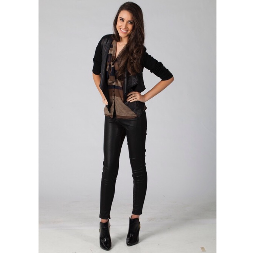 Black Faux Suede Knit Combo Asymmetrical Jacket - Picture 2 of 6